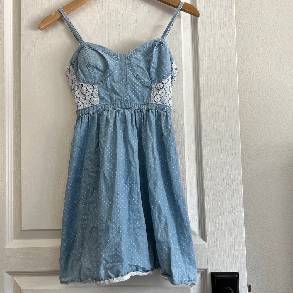 Candies Cotton Denim Lace Polka Dot Mini Dress Size XS